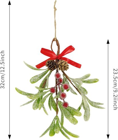 Christmas Mistletoe Decorations Frosted Artificial Mistletoe Ornaments with Bows Berries Pine Cones Snowy Fake Hanging Kissing Plant Stems for Xmas Tree Picks Doorway Holiday Decor (2, Red White) in Saudi Arabia