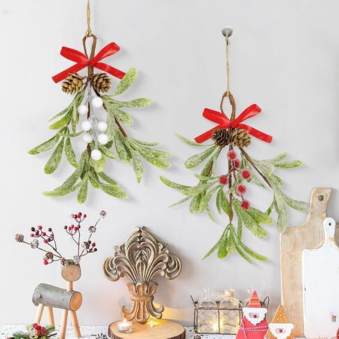 Christmas Mistletoe Decorations Frosted Artificial Mistletoe Ornaments with Bows Berries Pine Cones Snowy Fake Hanging Kissing Plant Stems for Xmas Tree Picks Doorway Holiday Decor (2, Red White) in Saudi Arabia