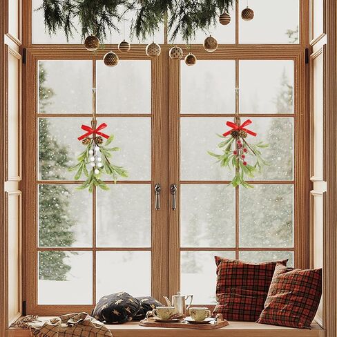 Christmas Mistletoe Decorations Frosted Artificial Mistletoe Ornaments with Bows Berries Pine Cones Snowy Fake Hanging Kissing Plant Stems for Xmas Tree Picks Doorway Holiday Decor (2, Red White) in Saudi Arabia