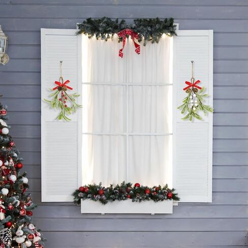 Christmas Mistletoe Decorations Frosted Artificial Mistletoe Ornaments with Bows Berries Pine Cones Snowy Fake Hanging Kissing Plant Stems for Xmas Tree Picks Doorway Holiday Decor (2, Red White) in Saudi Arabia
