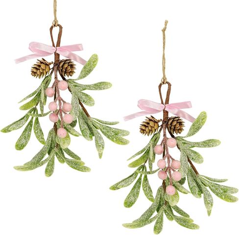 Christmas Mistletoe Decorations Frosted Artificial Mistletoe Ornaments with Bows Berries Pine Cones Snowy Fake Hanging Kissing Plant Stems for Xmas Tree Picks Doorway Holiday Decor (2, Red White) in Saudi Arabia