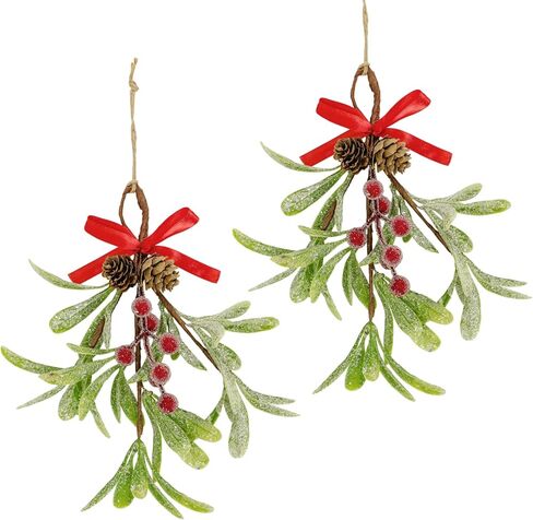 Christmas Mistletoe Decorations Frosted Artificial Mistletoe Ornaments with Bows Berries Pine Cones Snowy Fake Hanging Kissing Plant Stems for Xmas Tree Picks Doorway Holiday Decor (2, Red White) in Saudi Arabia