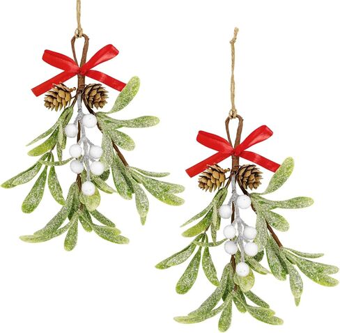 Christmas Mistletoe Decorations Frosted Artificial Mistletoe Ornaments with Bows Berries Pine Cones Snowy Fake Hanging Kissing Plant Stems for Xmas Tree Picks Doorway Holiday Decor (2, Red White) in Saudi Arabia