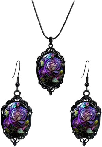 Gothic Rose Glass jewelry Set for Women Vintage Rose Earrings Necklace Set Dark Punk Style Earrings Necklace Red Purple Roses Earring Necklaces Halloween Mystic Witch Jewelry Gift Accessories in Saudi Arabia