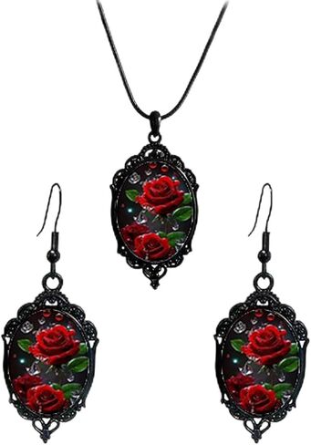 Gothic Rose Glass jewelry Set for Women Vintage Rose Earrings Necklace Set Dark Punk Style Earrings Necklace Red Purple Roses Earring Necklaces Halloween Mystic Witch Jewelry Gift Accessories in Saudi Arabia