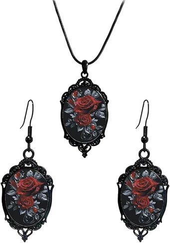 Gothic Rose Glass jewelry Set for Women Vintage Rose Earrings Necklace Set Dark Punk Style Earrings Necklace Red Purple Roses Earring Necklaces Halloween Mystic Witch Jewelry Gift Accessories in Saudi Arabia