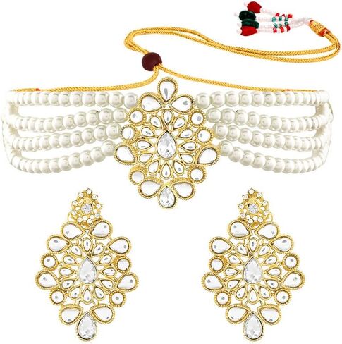 Aheli Kundan Studded Choker Necklace & Dangle Earrings Ethnic Fashion Bharatanatyam jewellery set Gift for Women in Saudi Arabia
