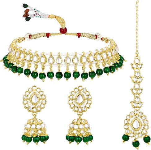Aheli Kundan Studded Choker Necklace Jhumki Earring & Maang Tikka Ethnic Fashion Bharatanatyam jewellery set Gift for Women in Saudi Arabia