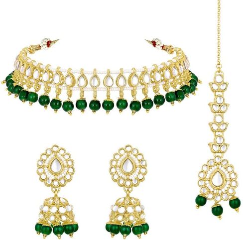 Aheli Kundan Studded Choker Necklace Jhumki Earring & Maang Tikka Ethnic Fashion Bharatanatyam jewellery set Gift for Women in Saudi Arabia
