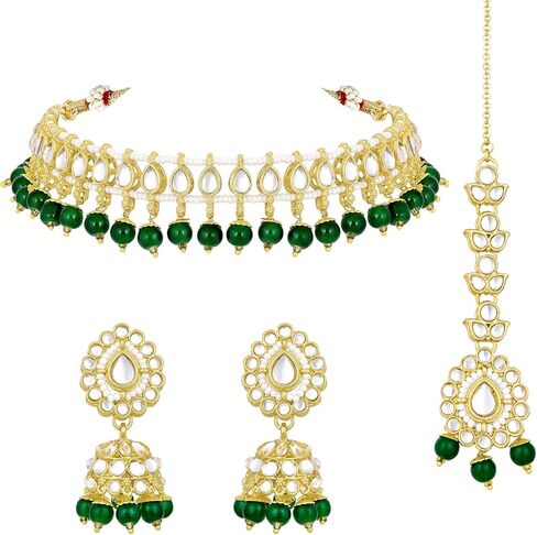 Aheli Kundan Studded Choker Necklace Jhumki Earring & Maang Tikka Ethnic Fashion Bharatanatyam jewellery set Gift for Women in Saudi Arabia
