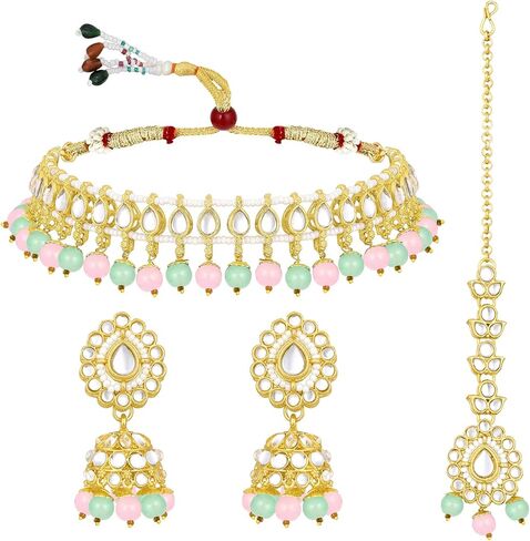 Aheli Kundan Studded Choker Necklace Jhumki Earring & Maang Tikka Ethnic Fashion Bharatanatyam jewellery set Gift for Women in Saudi Arabia