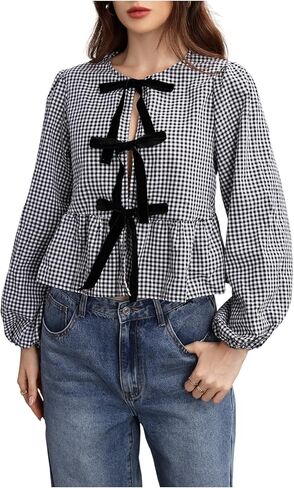 MakeMeChic Women's Gingham Babydoll Top Plaid Shirt Puff Long Sleeve Ruffle Peplum Bow Tie Front Y2k Fall Blouses in Saudi Arabia