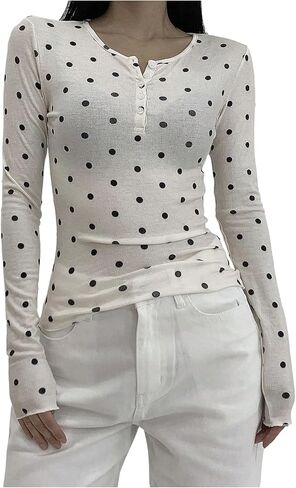 Floerns Women's Polka Dots Top Long Sleeve Ribbed Half Button Casual Henley Shirts in Saudi Arabia