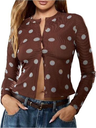 SweatyRocks Women's Polka Dots Button Down Mesh Sheer Tops Long Sleeve Casual Crew Neck Bodycon Tees Club Blouse in Saudi Arabia