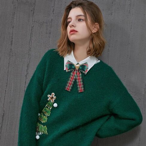 Large Lady Deer Bow Pre-Tied Brooch Pin for Women Girls Unisex Fabric Plaid Christmas Bowknot Rhinestone Brooches Lapel Pins Elegant Xmas Holiday Corsage Collar Dress Accessories Jewelry Gift in Saudi Arabia