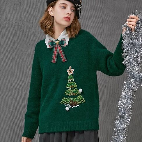 Large Lady Deer Bow Pre-Tied Brooch Pin for Women Girls Unisex Fabric Plaid Christmas Bowknot Rhinestone Brooches Lapel Pins Elegant Xmas Holiday Corsage Collar Dress Accessories Jewelry Gift in Saudi Arabia