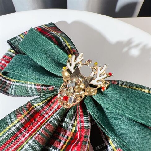 Large Lady Deer Bow Pre-Tied Brooch Pin for Women Girls Unisex Fabric Plaid Christmas Bowknot Rhinestone Brooches Lapel Pins Elegant Xmas Holiday Corsage Collar Dress Accessories Jewelry Gift in Saudi Arabia