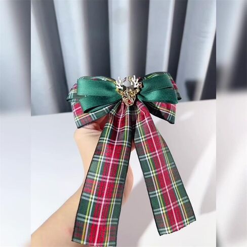 Large Lady Deer Bow Pre-Tied Brooch Pin for Women Girls Unisex Fabric Plaid Christmas Bowknot Rhinestone Brooches Lapel Pins Elegant Xmas Holiday Corsage Collar Dress Accessories Jewelry Gift in Saudi Arabia