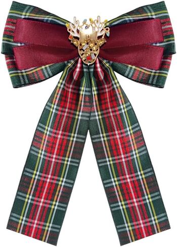 Large Lady Deer Bow Pre-Tied Brooch Pin for Women Girls Unisex Fabric Plaid Christmas Bowknot Rhinestone Brooches Lapel Pins Elegant Xmas Holiday Corsage Collar Dress Accessories Jewelry Gift in Saudi Arabia