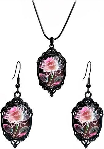 YGBDS Gothic Rose Necklace Earrings Set for Women Crystal Glass Red Rose Flower Pendant Necklaces Gothic Drop Earring Vintage Cameo Victorian Punk Style Halloween Accessories Set for Women in Saudi Arabia