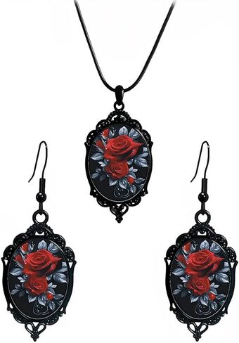 YGBDS Gothic Rose Necklace Earrings Set for Women Crystal Glass Red Rose Flower Pendant Necklaces Gothic Drop Earring Vintage Cameo Victorian Punk Style Halloween Accessories Set for Women in Saudi Arabia