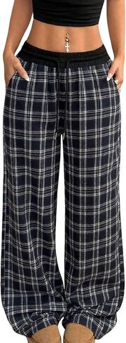 Women's Gingham Pants Plaid Casual Y2k Checkered Waist Wide Leg Baggy Pants Long Trousers with Pockets in Saudi Arabia
