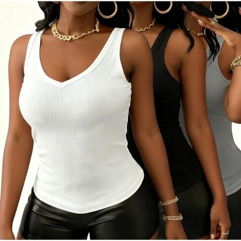 3 Pack Women Sleeveless V Neck Tank Tops Solid Color Basic Layering Shirt Set Slim Fit Casual Daily Wear Tank Top in Saudi Arabia