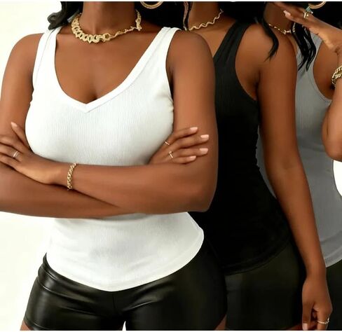 3 Pack Women Sleeveless V Neck Tank Tops Solid Color Basic Layering Shirt Set Slim Fit Casual Daily Wear Tank Top in Saudi Arabia