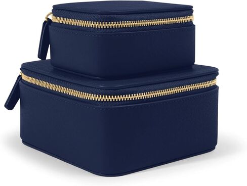 Leatherology Navy Blue Leather Jewelry Organizer Set – Includes Small & Medium Cases with Suede Pockets, Zipped Pouches & Soft Lining – Compact Storage for Rings, Earrings & Accessories in Saudi Arabia