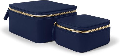 Leatherology Navy Blue Leather Jewelry Organizer Set – Includes Small & Medium Cases with Suede Pockets, Zipped Pouches & Soft Lining – Compact Storage for Rings, Earrings & Accessories in Saudi Arabia
