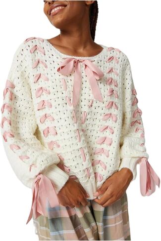 المرأة لطيف القوس سترة طويلة الأكمام القوس الجبهة بلوفر مغزول الشريط الدانتيل يصل كابل البلوز تريكو الخروج in Kuwait