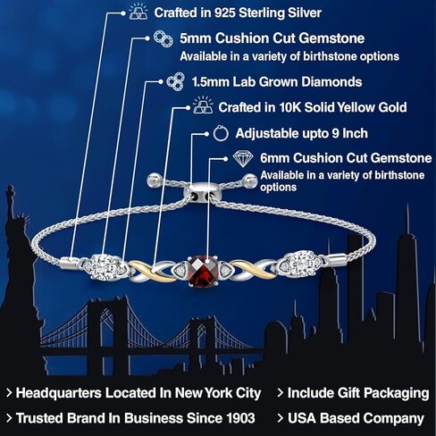 Gemstone Birthstone and Moissanite Infinity Bracelet for Women with Lab Grown Diamond Accents | 925 Silver and 10K Yellow Gold | Cushion 6MM and 5MM | Adjustable Bolo Bracelet | Easy-On Easy-Off in Saudi Arabia