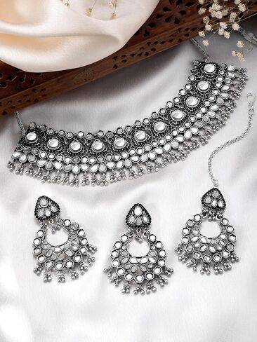 Aheli قلادة كوندان مرصعة بالفضة مطلية بالفضة وأقراط متدلية ومجموعة مجوهرات Maangtikka العرقية هدية للنساء in Saudi Arabia