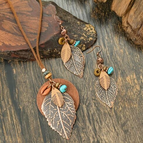 Jewelry Set for Women Vintage Western Bohemian Style Layered Leaf-shaped Pendant Necklace Dangle Earrings Jewelry Gifts in Saudi Arabia