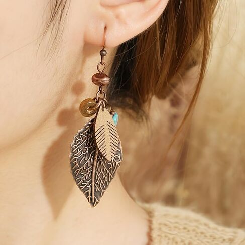 Jewelry Set for Women Vintage Western Bohemian Style Layered Leaf-shaped Pendant Necklace Dangle Earrings Jewelry Gifts in Saudi Arabia