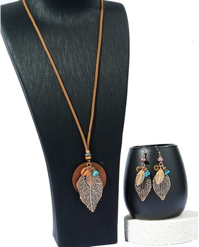 Jewelry Set for Women Vintage Western Bohemian Style Layered Leaf-shaped Pendant Necklace Dangle Earrings Jewelry Gifts in Saudi Arabia
