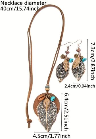Jewelry Set for Women Vintage Western Bohemian Style Layered Leaf-shaped Pendant Necklace Dangle Earrings Jewelry Gifts in Saudi Arabia