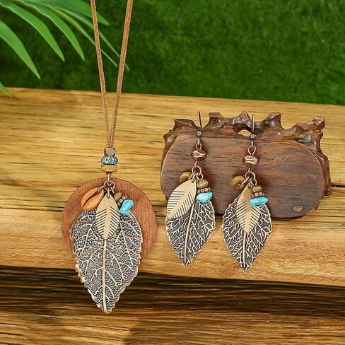 Jewelry Set for Women Vintage Western Bohemian Style Layered Leaf-shaped Pendant Necklace Dangle Earrings Jewelry Gifts in Saudi Arabia