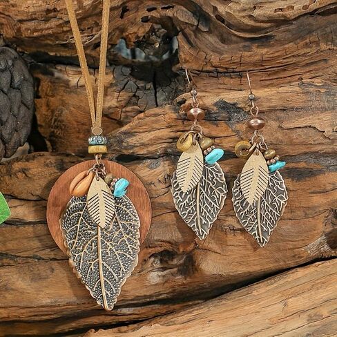 Jewelry Set for Women Vintage Western Bohemian Style Layered Leaf-shaped Pendant Necklace Dangle Earrings Jewelry Gifts in Saudi Arabia