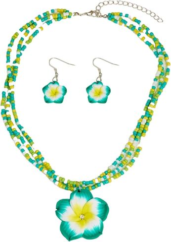 Bestleey Layers Pumeria Rubra Necklace Earrings Set for Women Boho Colorful Beaded Necklace Hawaiian Flowers Dangle Earrings Necklaces Beach Vacation Party Jewelry Set in Saudi Arabia