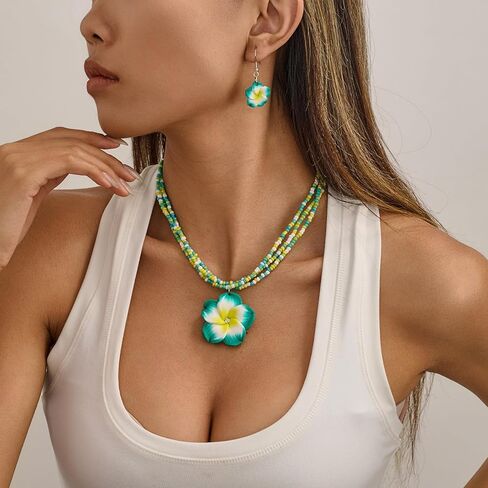Bestleey Layers Pumeria Rubra Necklace Earrings Set for Women Boho Colorful Beaded Necklace Hawaiian Flowers Dangle Earrings Necklaces Beach Vacation Party Jewelry Set in Saudi Arabia