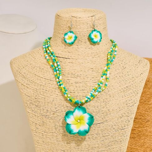 Bestleey Layers Pumeria Rubra Necklace Earrings Set for Women Boho Colorful Beaded Necklace Hawaiian Flowers Dangle Earrings Necklaces Beach Vacation Party Jewelry Set in Saudi Arabia