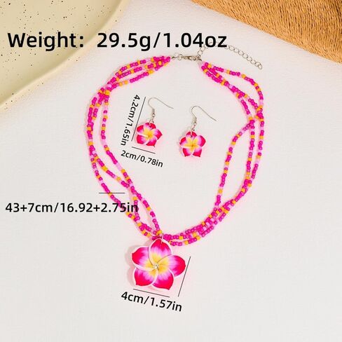 Bestleey Layers Pumeria Rubra Necklace Earrings Set for Women Boho Colorful Beaded Necklace Hawaiian Flowers Dangle Earrings Necklaces Beach Vacation Party Jewelry Set in Saudi Arabia