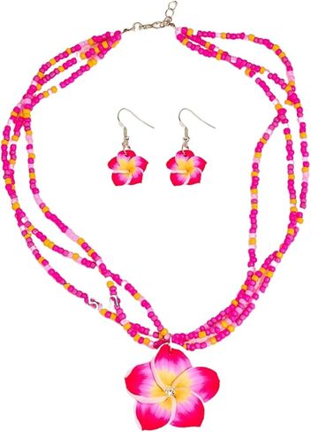 Bestleey Layers Pumeria Rubra Necklace Earrings Set for Women Boho Colorful Beaded Necklace Hawaiian Flowers Dangle Earrings Necklaces Beach Vacation Party Jewelry Set in Saudi Arabia