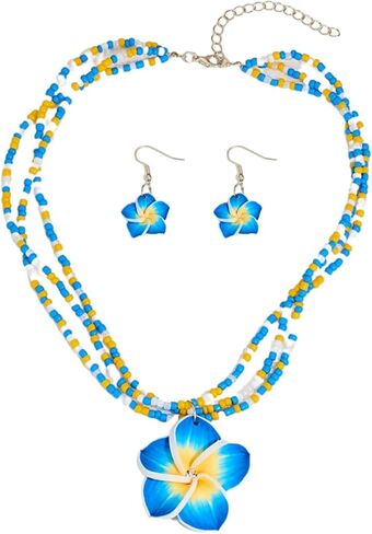 Bestleey Layers Pumeria Rubra Necklace Earrings Set for Women Boho Colorful Beaded Necklace Hawaiian Flowers Dangle Earrings Necklaces Beach Vacation Party Jewelry Set in Saudi Arabia