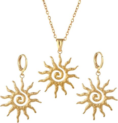 Dreuyet Sun Earrings and Necklace for Women Dainty Chunky Spiral Gold Sunburst Sunflower Charm Pendant Necklace Statement Huggie Hoop Earrings Prom Party Jewelry Gifts in Saudi Arabia