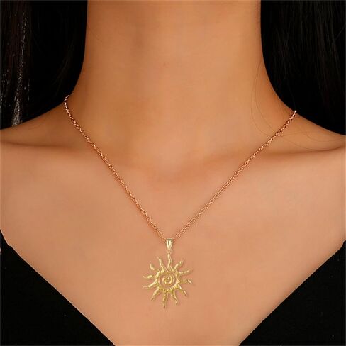 Dreuyet Sun Earrings and Necklace for Women Dainty Chunky Spiral Gold Sunburst Sunflower Charm Pendant Necklace Statement Huggie Hoop Earrings Prom Party Jewelry Gifts in Saudi Arabia