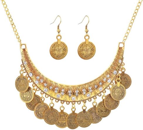 Bethynas Boho مجموعة مجوهرات هندية عرقية مكتنزة للنساء شرابة طويلة قبلية فيروزية عملة قلادة عتيقة ذهبية متدلية أقراط متدلية إكسسوارات تنكرية مبالغ فيها in Saudi Arabia