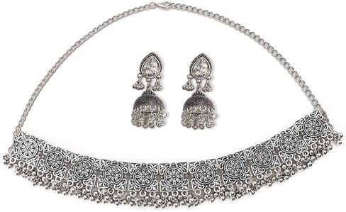 NewZenro Indian Jewelry Sets Flower Rectangle Beaded Tassel Necklace CZ Jhumka Dangle Drop Earrings for Women Vintage Ethnic Traditional Fashion Antique Bollywood Jewelry for Wedding Party in Saudi Arabia