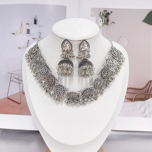 NewZenro Indian Jewelry Sets Flower Rectangle Beaded Tassel Necklace CZ Jhumka Dangle Drop Earrings for Women Vintage Ethnic Traditional Fashion Antique Bollywood Jewelry for Wedding Party in Saudi Arabia